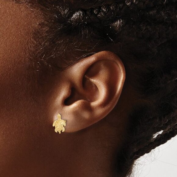 14k Yellow Gold Nautical Mini Sea Turtle Post Earrings w Push Friction Back - Picture 3 of 9